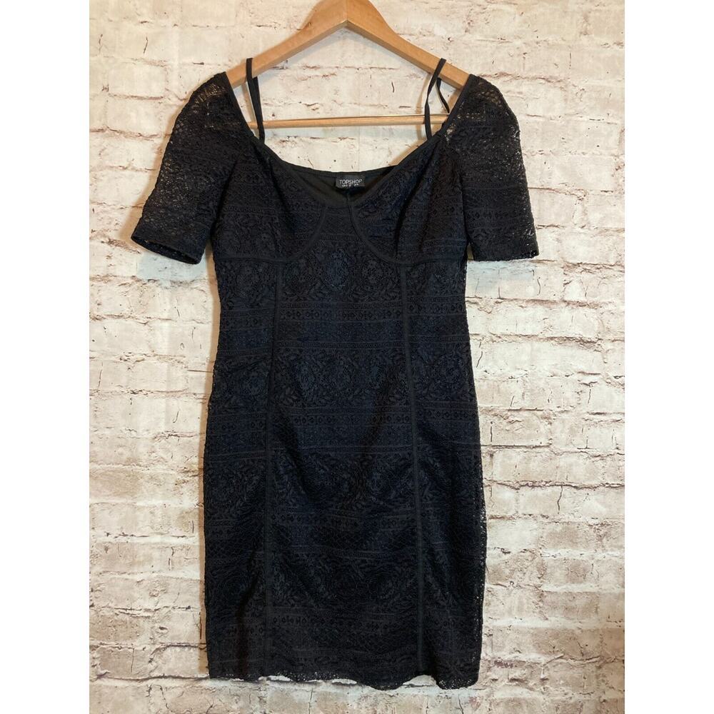 Topshop Dress Womens 10 Black Whimsy Goth All Over Lace Sheath Romantic Stretch‎